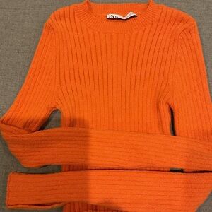 Zara Women's Bright Orange Crew Neck Sweater